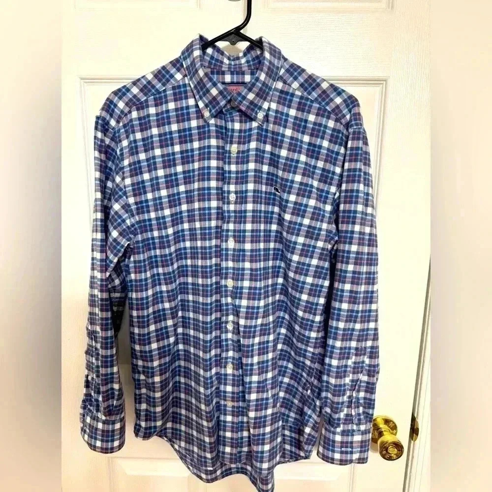 Vineyard Vines Whale shirt button down long sleeve flannel blue/pink size S